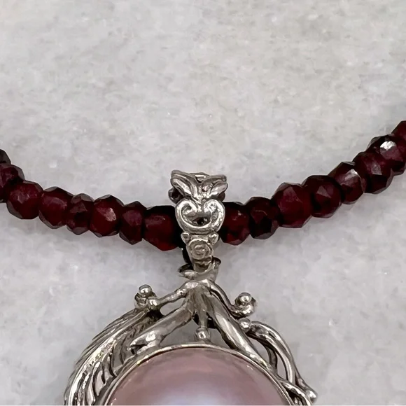 Mabe Pink Pearl Sterling Silver Openwork Leaf Pendant 20” Necklace - Picture 8 of 12